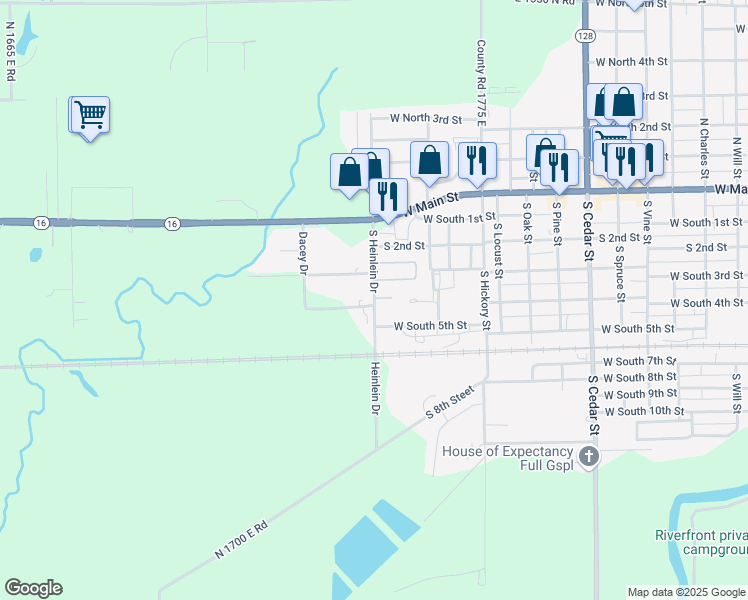 map of restaurants, bars, coffee shops, grocery stores, and more near 410 South Heinlein Drive in Shelbyville