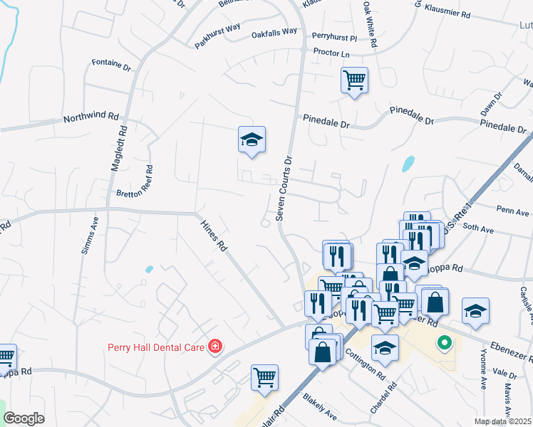 map of restaurants, bars, coffee shops, grocery stores, and more near 112 Hapsburg Court in Parkville
