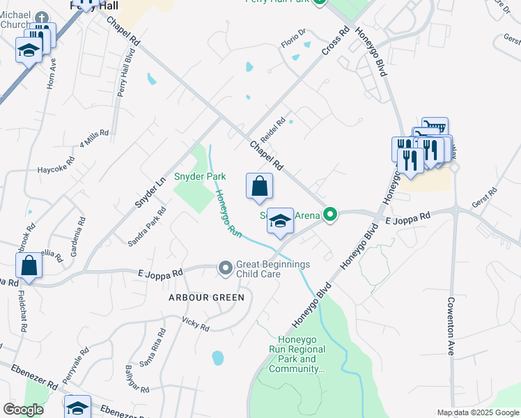 map of restaurants, bars, coffee shops, grocery stores, and more near 4812 East Joppa Road in Perry Hall