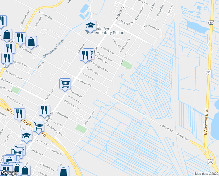 map of restaurants, bars, coffee shops, grocery stores, and more near 131 Pacific Avenue in Pleasantville