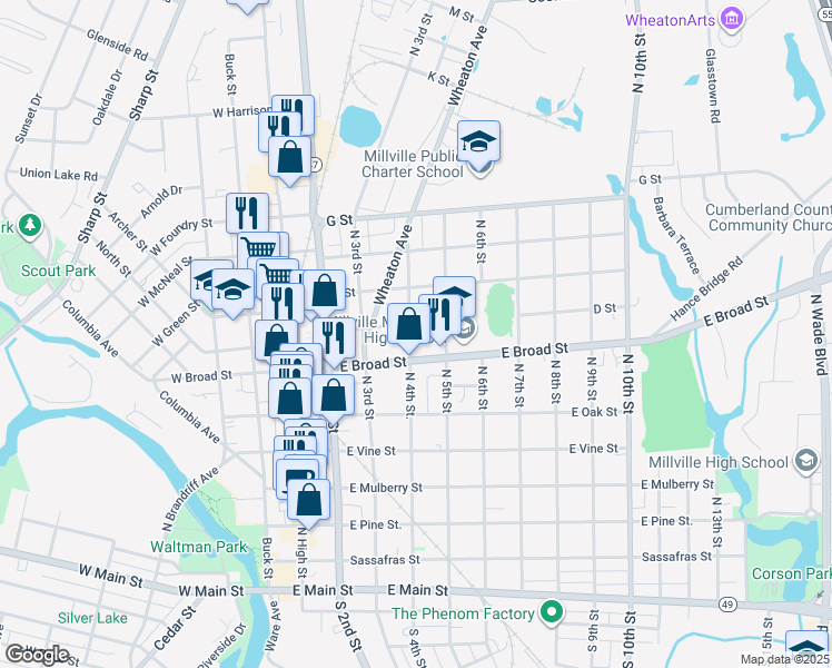 map of restaurants, bars, coffee shops, grocery stores, and more near 700 North 4th Street in Millville