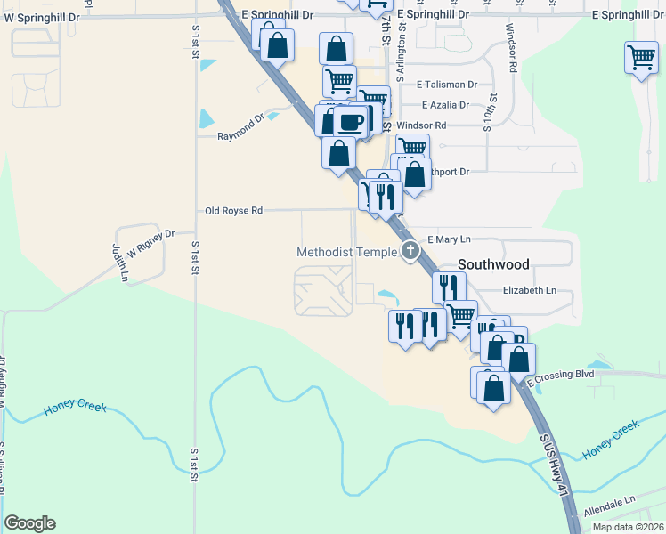 map of restaurants, bars, coffee shops, grocery stores, and more near 3603 Highway 41 in Terre Haute