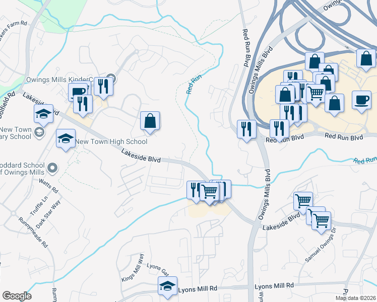 map of restaurants, bars, coffee shops, grocery stores, and more near 4404 Silverbrook Lane in Owings Mills
