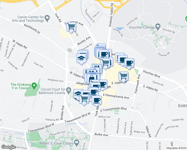 map of restaurants, bars, coffee shops, grocery stores, and more near 677 York Road in Towson