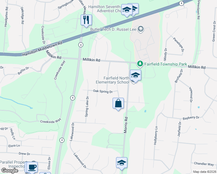 map of restaurants, bars, coffee shops, grocery stores, and more near 6097 Indian Trace Drive in Hamilton