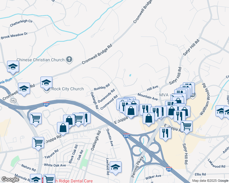 map of restaurants, bars, coffee shops, grocery stores, and more near 1823 Dunwoody Road in Parkville