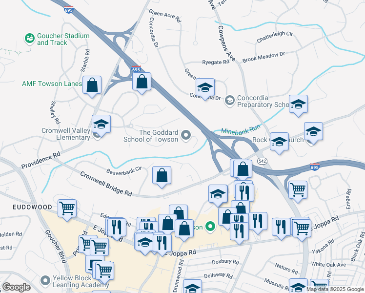 map of restaurants, bars, coffee shops, grocery stores, and more near 809 Gleneagles Court in Towson