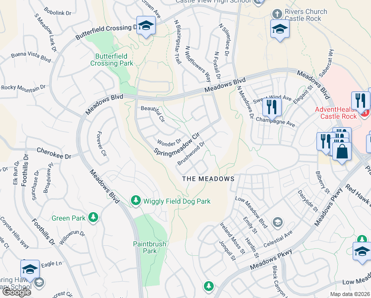 map of restaurants, bars, coffee shops, grocery stores, and more near 3496 Springmeadow Circle in Castle Rock