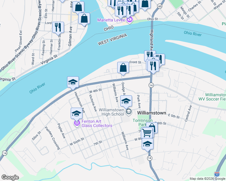 map of restaurants, bars, coffee shops, grocery stores, and more near 207 4th Street in Williamstown