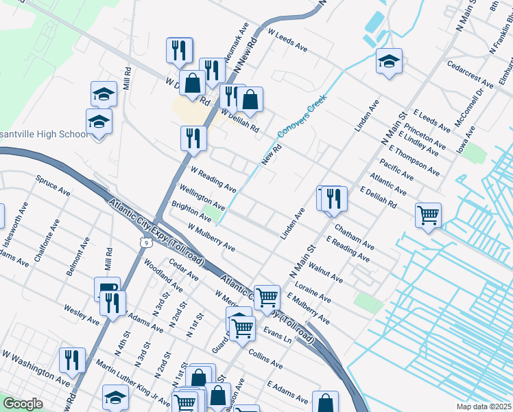 map of restaurants, bars, coffee shops, grocery stores, and more near 136 West Reading Avenue in Pleasantville