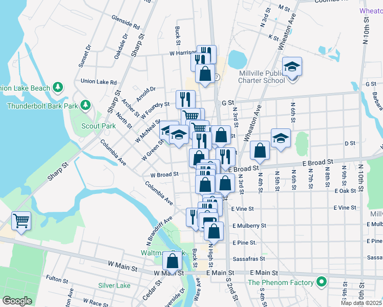 map of restaurants, bars, coffee shops, grocery stores, and more near 647 Buck Street in Millville