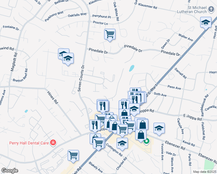 map of restaurants, bars, coffee shops, grocery stores, and more near 19 Borgia Court in Parkville