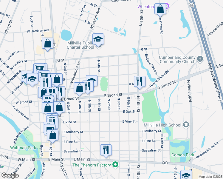 map of restaurants, bars, coffee shops, grocery stores, and more near 609 North 7th Street in Millville