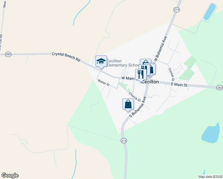 map of restaurants, bars, coffee shops, grocery stores, and more near 219 Water Street in Earleville