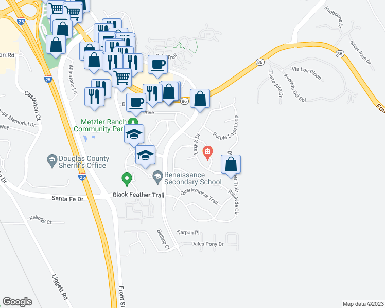 map of restaurants, bars, coffee shops, grocery stores, and more near 4075 Lazy K Drive in Castle Rock