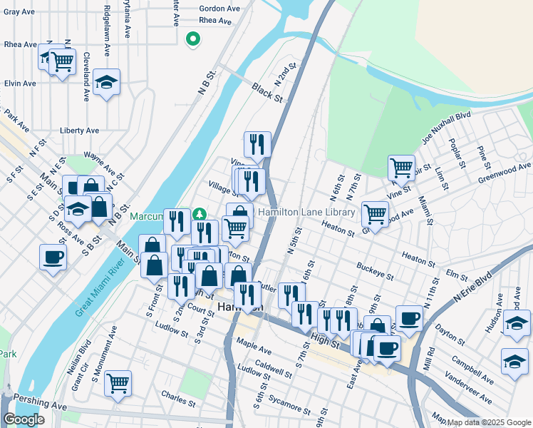 map of restaurants, bars, coffee shops, grocery stores, and more near 406 North 4th Street in Hamilton