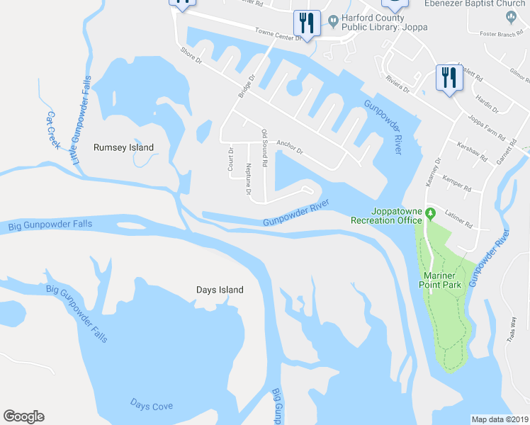 map of restaurants, bars, coffee shops, grocery stores, and more near 36 Neptune Drive in Harford County