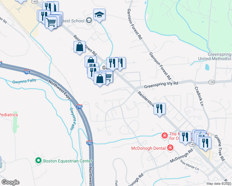 map of restaurants, bars, coffee shops, grocery stores, and more near 8011 Greenspring Way in Owings Mills