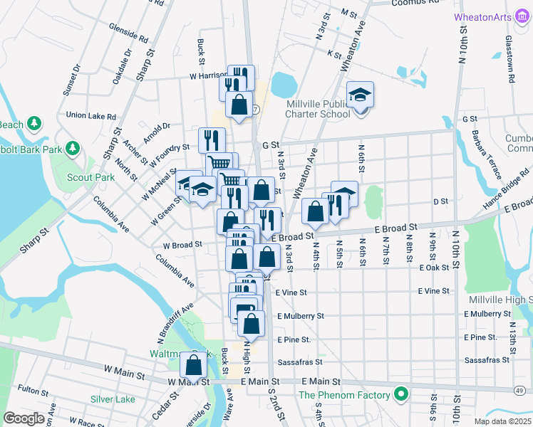 map of restaurants, bars, coffee shops, grocery stores, and more near 707 North 2nd Street in Millville