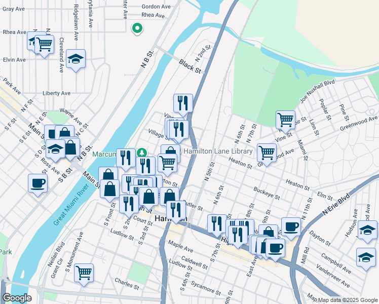 map of restaurants, bars, coffee shops, grocery stores, and more near 406 North 4th Street in Hamilton
