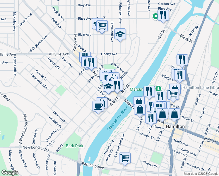 map of restaurants, bars, coffee shops, grocery stores, and more near 222 Main Street in Hamilton