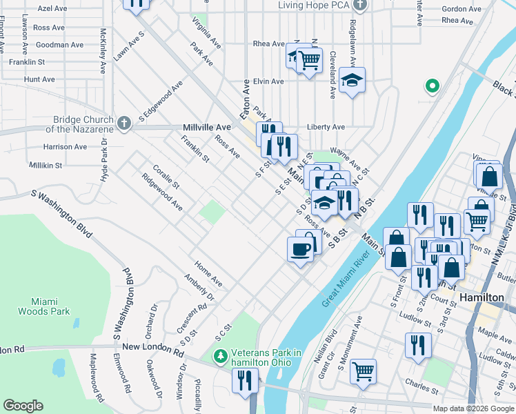 map of restaurants, bars, coffee shops, grocery stores, and more near 428 Franklin Street in Hamilton