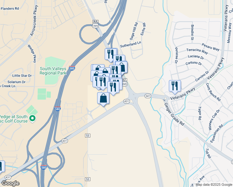 map of restaurants, bars, coffee shops, grocery stores, and more near 13963 South Virginia Street in Reno