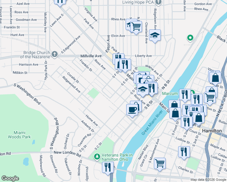 map of restaurants, bars, coffee shops, grocery stores, and more near 428 Franklin Street in Hamilton