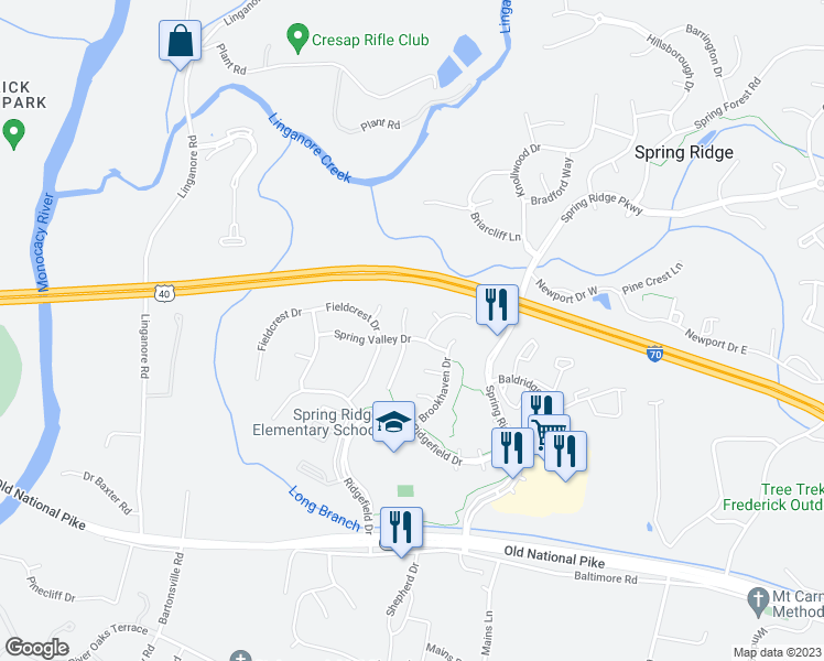 map of restaurants, bars, coffee shops, grocery stores, and more near 6121 Cool Spring Terrace North in Frederick