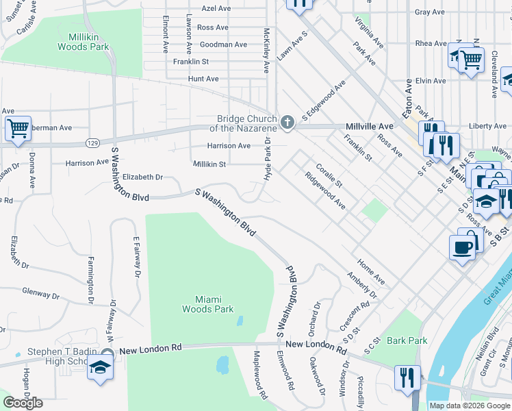 map of restaurants, bars, coffee shops, grocery stores, and more near 311 Hyde Park Drive in Hamilton