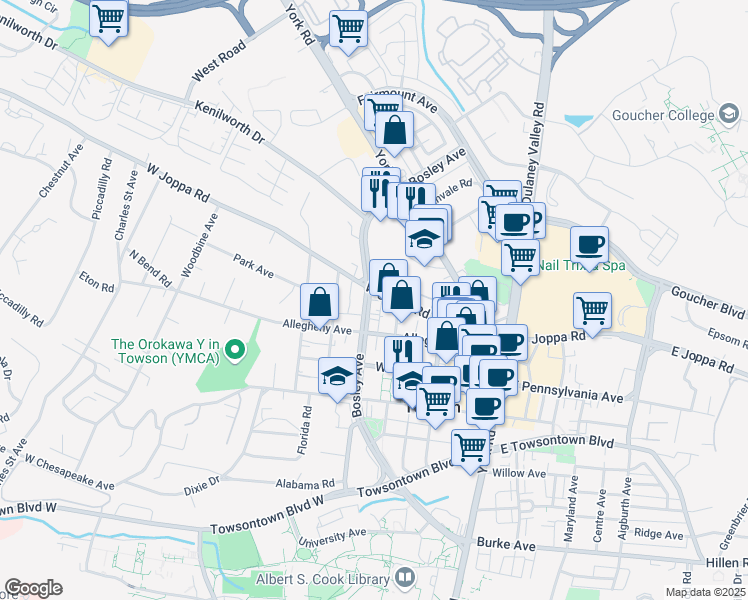 map of restaurants, bars, coffee shops, grocery stores, and more near 225 West Joppa Road in Towson