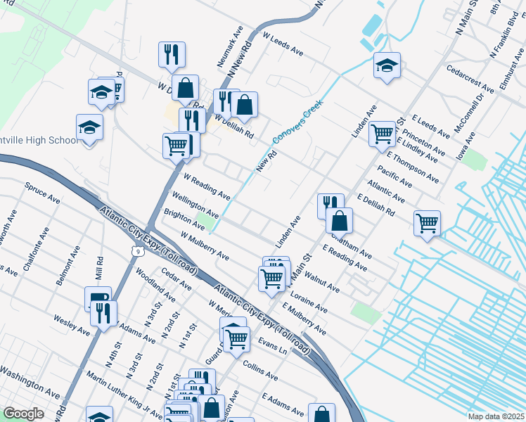 map of restaurants, bars, coffee shops, grocery stores, and more near 136 West Reading Avenue in Pleasantville