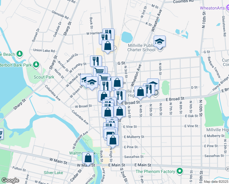 map of restaurants, bars, coffee shops, grocery stores, and more near 707 North 2nd Street in Millville