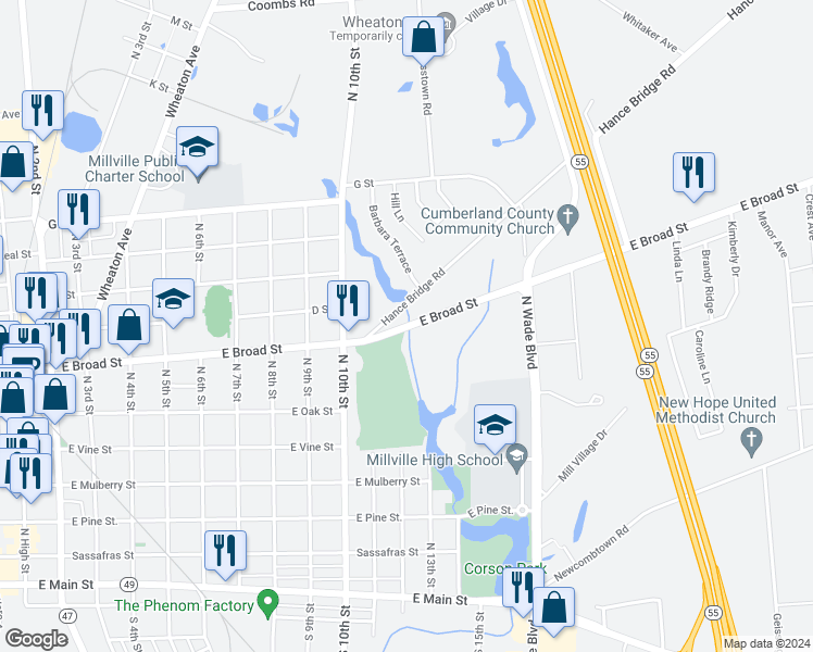 map of restaurants, bars, coffee shops, grocery stores, and more near 1118 East Broad Street in Millville