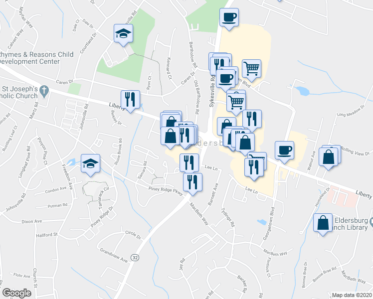 map of restaurants, bars, coffee shops, grocery stores, and more near 1213 Liberty Rd in Eldersburg
