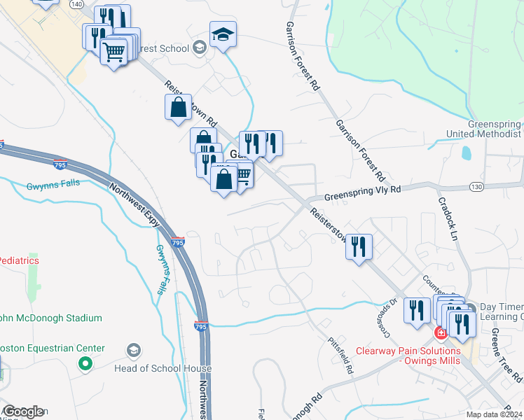 map of restaurants, bars, coffee shops, grocery stores, and more near 8009 Greenspring Way in Owings Mills