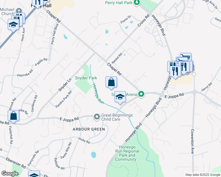 map of restaurants, bars, coffee shops, grocery stores, and more near 4812 East Joppa Road in Perry Hall