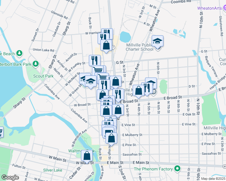 map of restaurants, bars, coffee shops, grocery stores, and more near 707 North 2nd Street in Millville