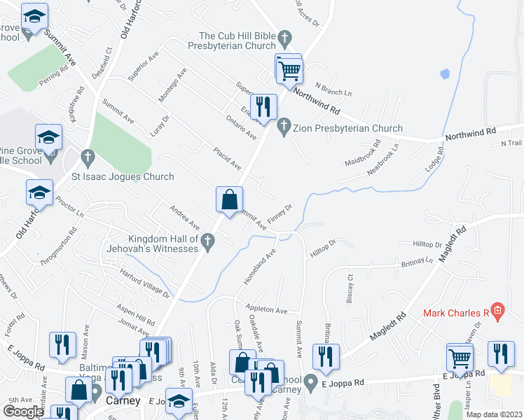 map of restaurants, bars, coffee shops, grocery stores, and more near 3014 Summit Avenue in Parkville