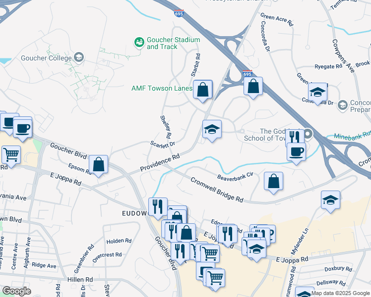 map of restaurants, bars, coffee shops, grocery stores, and more near 808 Providence Road in Towson