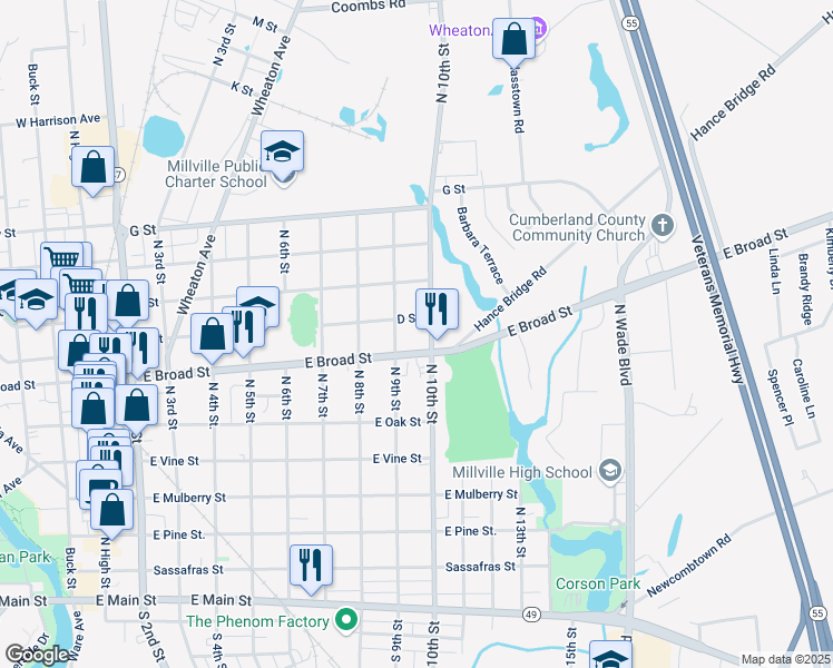 map of restaurants, bars, coffee shops, grocery stores, and more near 607 North 9th Street in Millville