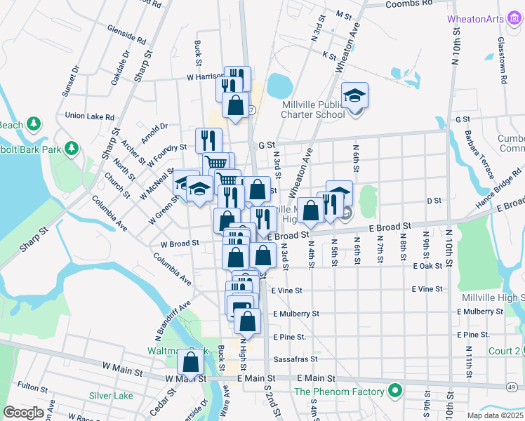 map of restaurants, bars, coffee shops, grocery stores, and more near 707 North 2nd Street in Millville