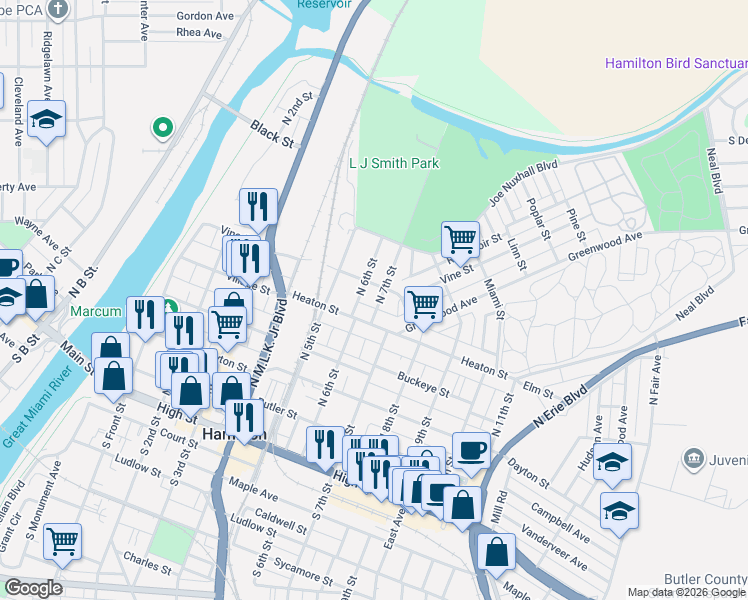 map of restaurants, bars, coffee shops, grocery stores, and more near 433 North 6th Street in Hamilton
