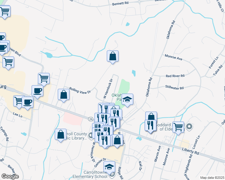 map of restaurants, bars, coffee shops, grocery stores, and more near 6212 East Hemlock Drive in Sykesville