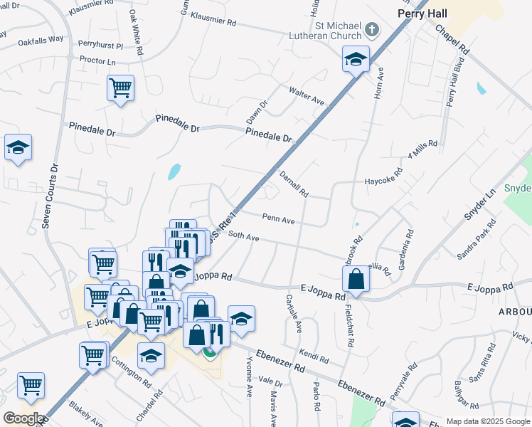 map of restaurants, bars, coffee shops, grocery stores, and more near 4212 Penn Avenue in Nottingham