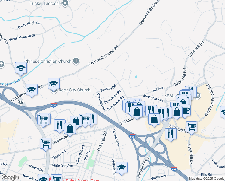 map of restaurants, bars, coffee shops, grocery stores, and more near 1813 Rushley Road in Parkville