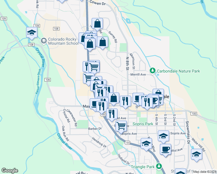 map of restaurants, bars, coffee shops, grocery stores, and more near 198 12th Street in Carbondale