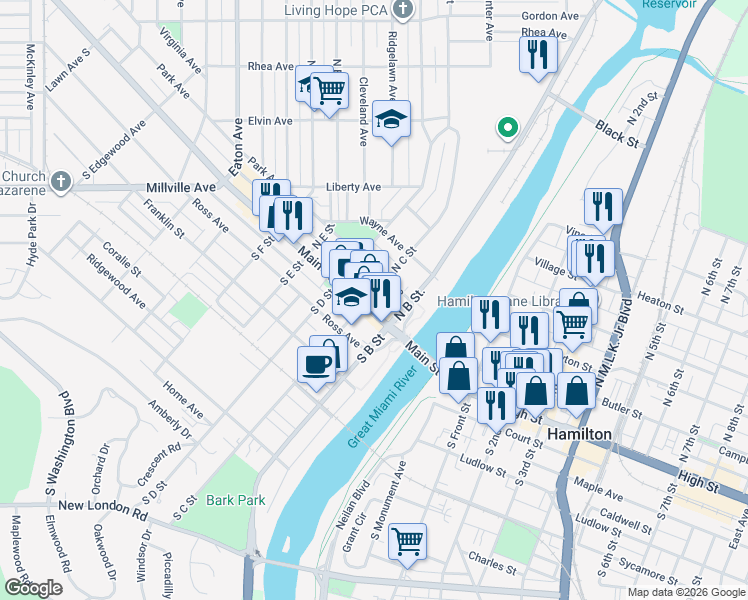 map of restaurants, bars, coffee shops, grocery stores, and more near 140 Main Street in Hamilton
