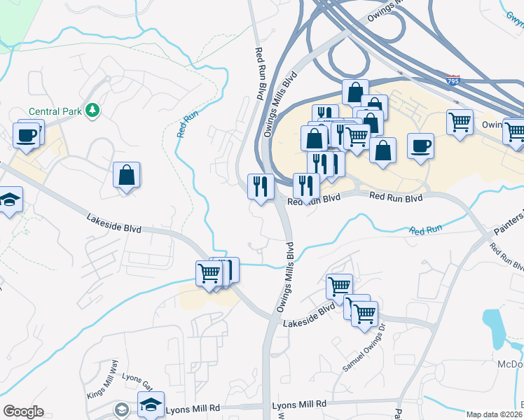 map of restaurants, bars, coffee shops, grocery stores, and more near 10521 Red Run Boulevard in Owings Mills