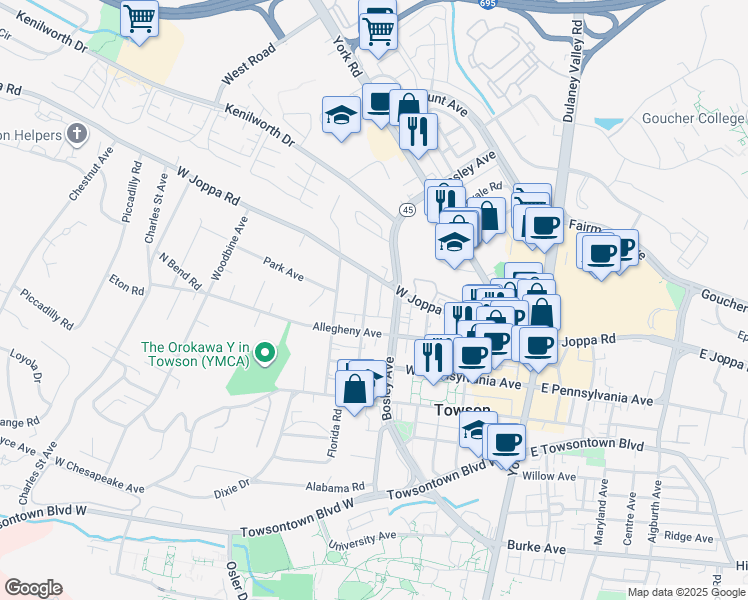 map of restaurants, bars, coffee shops, grocery stores, and more near 611 Central Avenue in Towson